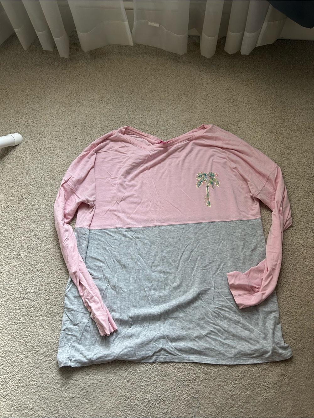 Lily Pulitzer Two-Tone Pink & Gray Long Sleeve Top with Palm Motif